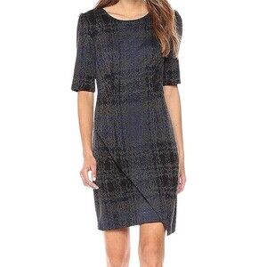 Betsey Johnson Half Sleeve Gray Plaid Sheath Wrap Hem Dress Size 6 Academia